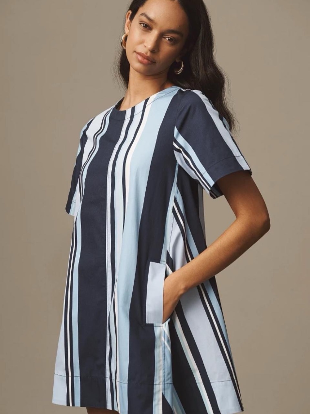 Maeve Emmy Short Sleeve Swing Mini Blue striped dress with pockets